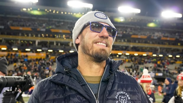Nov 19, 2023; Hamilton, Ontario, CAN; Montreal Alouettes head coach Jason Maas watches his team celebrate after winning the 110th Grey Cup against the Winnipeg Blue Bombers at Tim Hortons Field. Mandatory Credit: John E. Sokolowski-USA TODAY Sports  